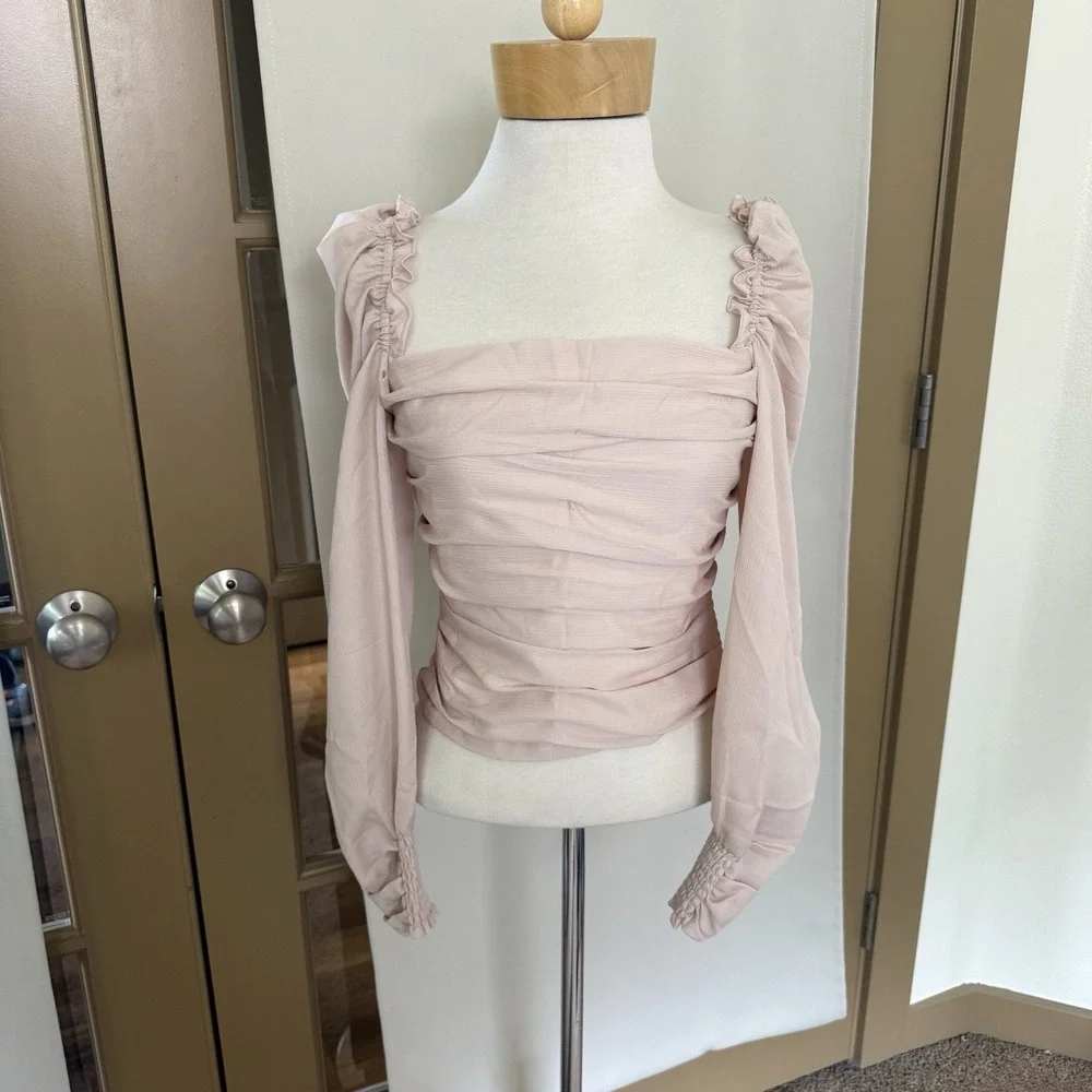 ASTR Womens XS‎ Beige Square Neck Rouched Puff Long Sleeve Blouse Blush
